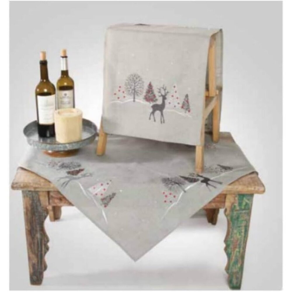 K&K Tabletops Reindeer Table Runner - 16"x72" - Reindeer/Trees/Snow - Soft Grey - Picture 1 of 2